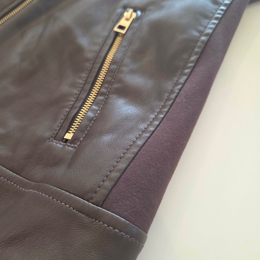 Chicos Brown Faux Leather Moto Jacket Size 3 US 16/18 Gold Hardware Asymmetrical - Picture 7 of 16